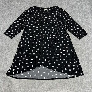 Chicos Dress Womens Large 2 Black White Polka Dot 3/4 Sleeve Tulip Hem Wrap